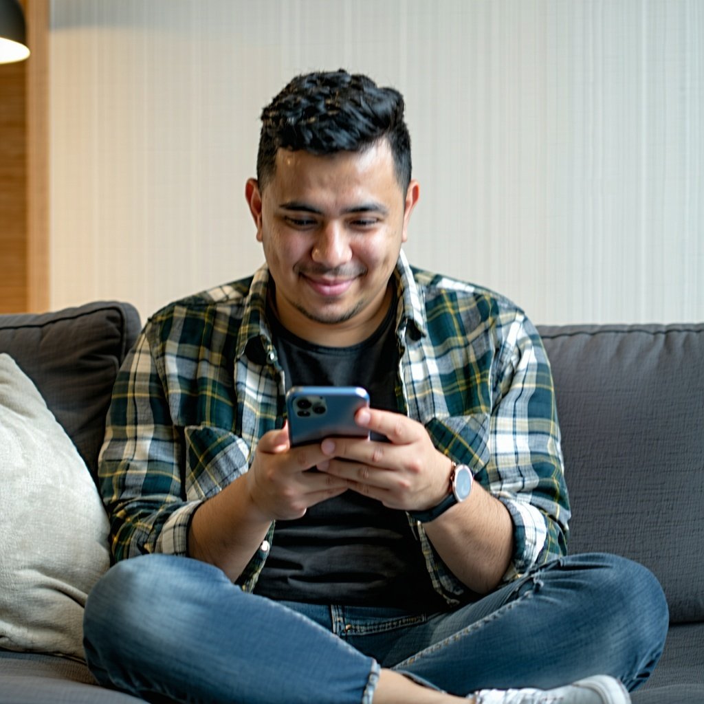 A millennial latin adult in their late 20s to early 40s sits comfortably on a couch casually scrolling through a sleek mobile app on their smartphone to buy online products-1